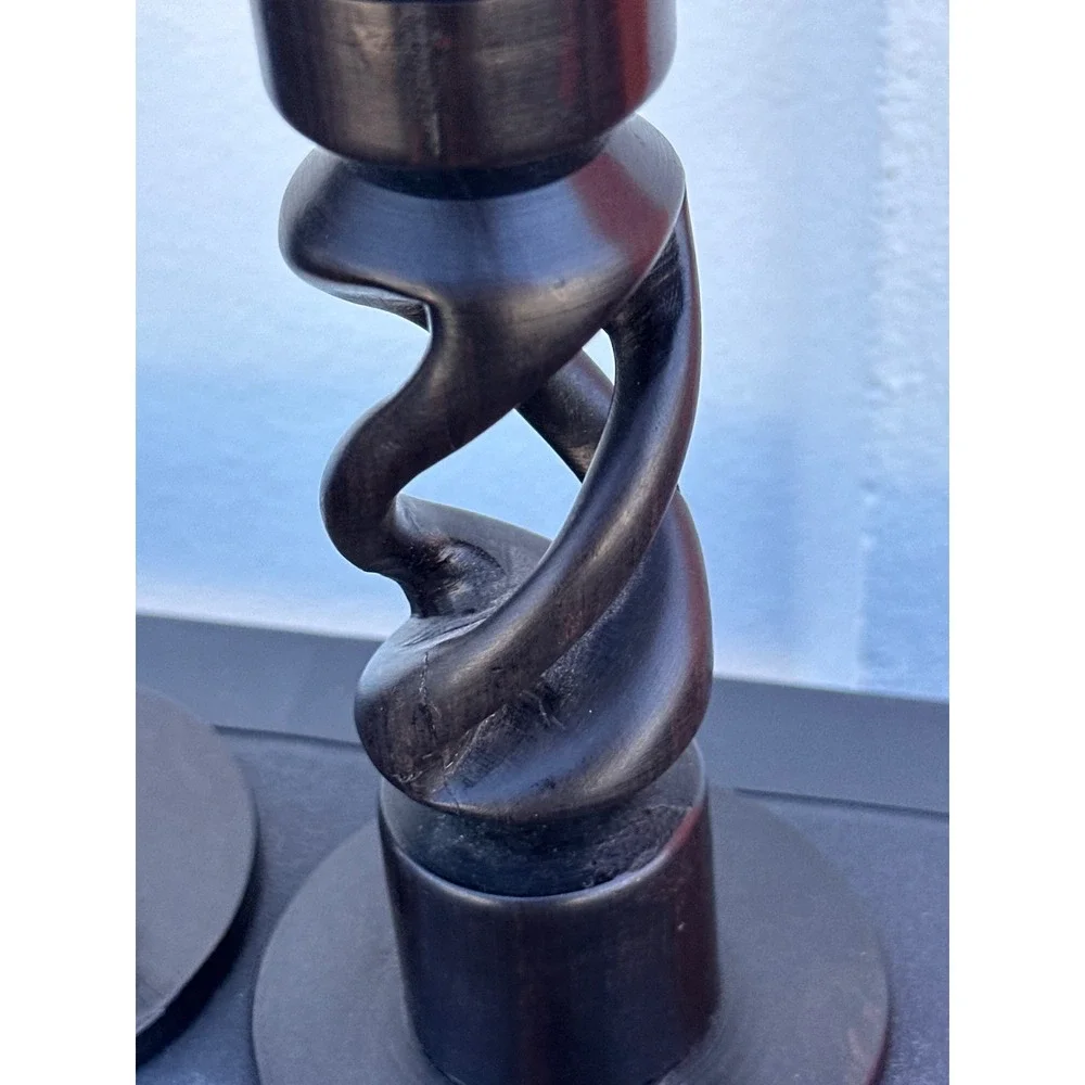 Vintage Hand Carved Wood Double Helix Spiral Candle Holders Pair Dark Brown 7